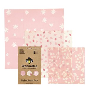 WannaBee 蜜蝋（ミツロウ・みつろう）ラップ Pink Leaf柄 3枚入りセット（S・M・L)