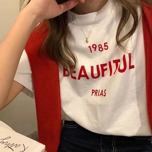 レディース トップス Tシャツ 赤 ロゴ シンプル カジュアル かわいい おしゃれ 韓国 人気 フリーサイズ
