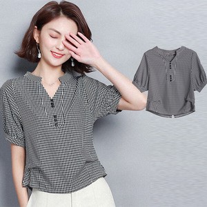 Button Shirt/Blouse Plaid V-Neck Tops Short-Sleeve Cut-and-sew NEW