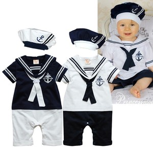 ショートロンパース海軍セーラー新生児服 + キャップ　男女の赤ちゃん