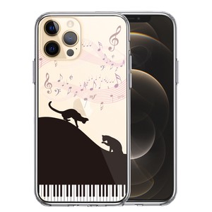 iPhone12/12pro 側面ソフト 背面ハード ハイブリッド クリア ケース ピアノ シルエット猫 黒