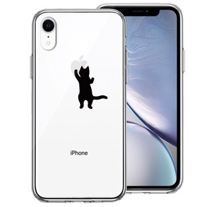 iPhoneXR 側面ソフト 背面ハード ハイブリッド クリア ケース にゃんこ りんご さわさわ 黒