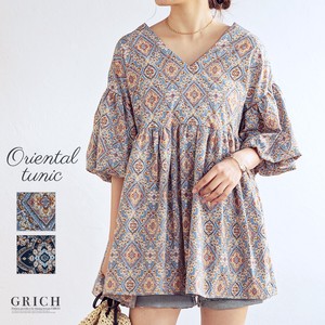 Top Tunic Blouse Oriental V-neck Gather Flare