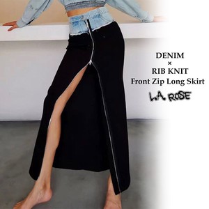 Skirt Long Skirt Front Zipper Denim Ribbed Knit