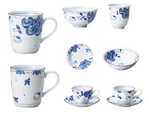 Hello Kitty Blue ROSE Japanese Tea Cup Mug Bowl 5 Plate