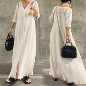Casual Dress Half Sleeve Plain Color V-Neck One-piece Dress Ladies'