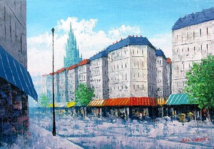 【日本人作家】　油絵　『棟のある街』　広瀬和之　額無し　キャンバスのみ（木枠付き）