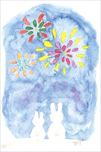 ポストカード marron125「花火に酔いしれるうさぎたち」 水彩画 ウサギ 夜空
