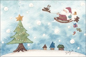 Postcard Christmas Card Santa Claus Santa Reindeer Tree Watercolor