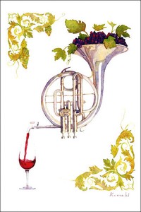 Postcard Kazuaki Yamada Wine Music Horn Watercolor
