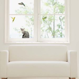 ウィンドウステッカーM（ステッカータイプ） 「猫とインコ」 窓ガラス 透明シート 鳥