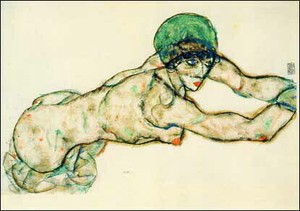 ポストカード アート シーレ「緑の帽子をかぶったヌードの若い女性」