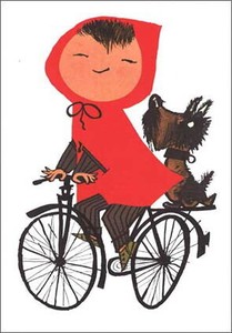 ポストカード イラスト フィープ・ヴェステンドルプ「自転車に乗る赤ずきんと犬」