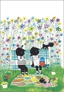 ポストカード イラスト フィープ・ヴェステンドルプ「イップとヤネケとたくさんの花/こども/猫/犬」