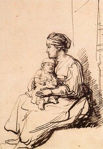 ポストカード アート レンブラント「子どもを膝の上に乗せて座っている若い女」