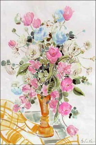 ポストカード アート 長谷川英助「花瓶に入ったブルーとピンクの花」