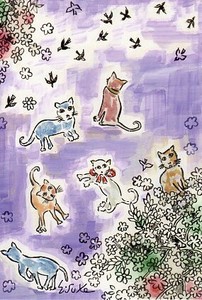 ポストカード アート 長谷川英助「公園で遊ぶ猫たち」
