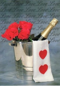 ポストカード カラー写真 ワインボトルと赤いバラとハート
