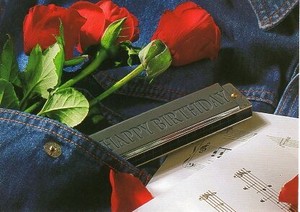 ポストカード カラー写真 ハーモニカと赤いバラ