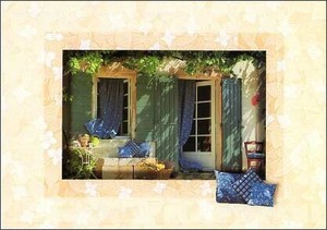 ポストカード カラー写真 青いクッションとカーテンの家