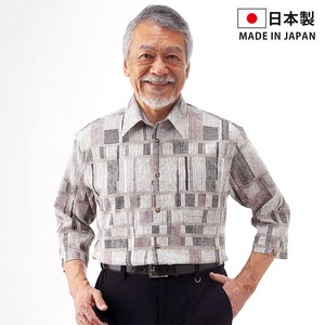 メンズ/日本製/高島ちぢみよろけ格子柄7分袖シャツ