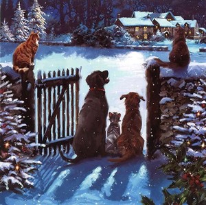 グリーティングカード クリスマス「5匹の犬と猫」メッセージカード