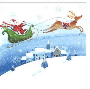 グリーティングカード クリスマス「ソリに乗るサンタクロースとトナカイ」メッセージカード