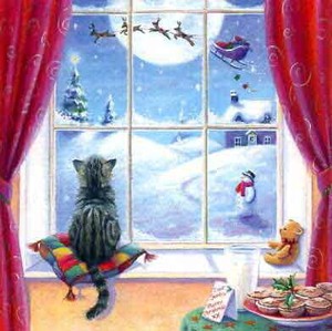 グリーティングカード クリスマス「サンタさんが来た」猫 メッセージカード