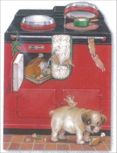 グリーティングカード/ダイカット クリスマス「ピータークロス つまみ食いする子犬とねずみ」メッセージ