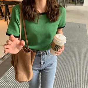 Ladies Short Polyester Knitted T-shirt Short Sleeve Green Pink Mini Office