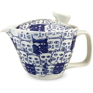 波佐见烧 日式茶壶 茶壶 附带茶叶滤网 蓝色 猫 240ml 日本制造