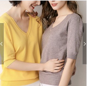 Sweater/Knitwear Knitted Plain Color V-Neck Ladies' Short-Sleeve