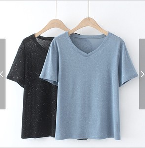 Button Shirt/Blouse T-Shirt V-Neck Summer Ladies' Short-Sleeve