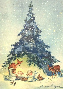 ポストカード クリスマス アート ケーガー「キリストの子供と天使と森の動物たち」