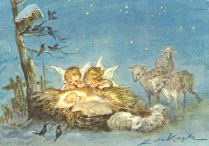 ポストカード クリスマス アート ケーガー「飼葉桶で子供を見る二人の天使」