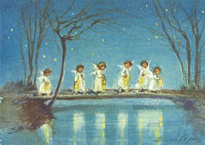 ポストカード クリスマス アート ケーガー「ランタンを持った6人の天使」