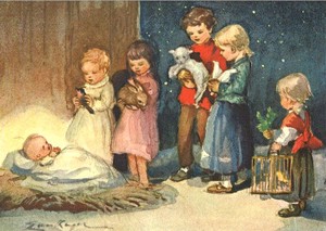ポストカード クリスマス アート ケーガー「キリストの子供を崇拝する動物を連れた子供たち」