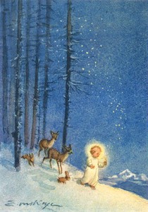 ポストカード クリスマス アート ケーガー「ろうそくを持った天使と鹿とうさぎ」