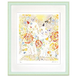 【2021秋冬】切り絵作家　平石智美「黄色のバラと2匹のねこ」版画　アート