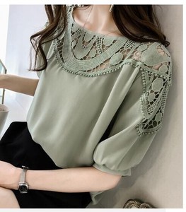 2022#女性らしいゆったりとした半袖編みの透かし襟シャツ YMA9231