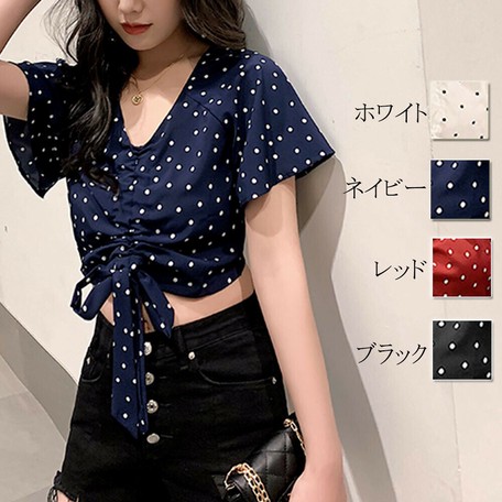 へそ出し トップス レディース 春 Vネック ドット柄 半袖 フロント へそ出し トップス レディース 春 Vネック ドット柄 半袖 フロント