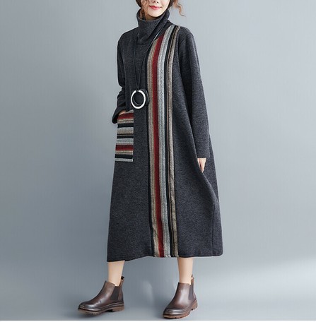Casual Plain Stripe Thick High Neck Long One Piece Dress Clothing Export Japanese Products To The World At Wholesale Prices Super Delivery