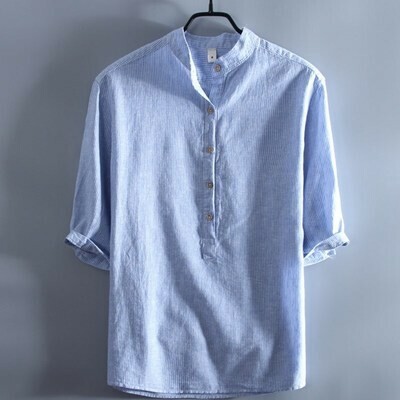 Shirt Men S Linen Shirt Short Sleeve Stripe Casual Shirt Azure Export Japanese Products To The World At Wholesale Prices Super Delivery