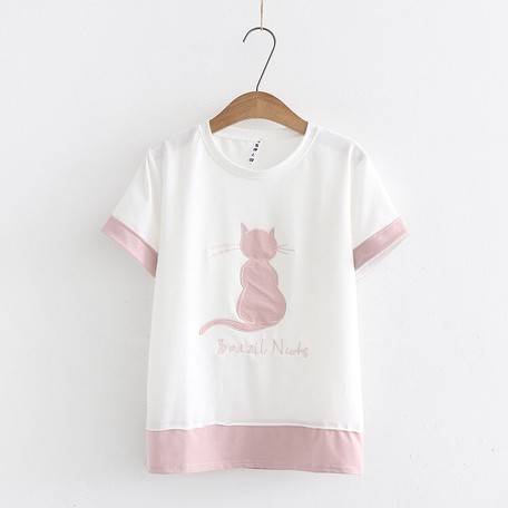 cat embroidery neck short sleeve tshirt top 3 colors