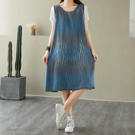 Ladies Floral Pattern Sleeveless Denim One Piece Dress Thin 2 Colors Import Japanese Products At Wholesale Prices Super Delivery