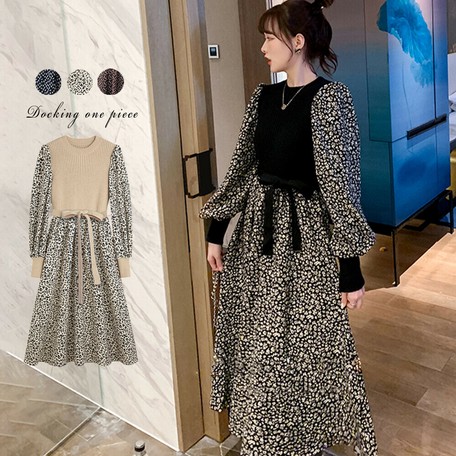 異素材 ワンピース レディース 花柄ワンピ ロング丈 ドッキングワンピース 長袖 ニットワンピ 即納の商品ページ 卸 仕入れサイト スーパーデリバリー