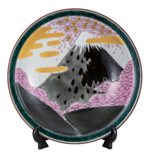 日本の伝統工芸品【九谷焼】 K8-1328 10号飾皿 桜富士 皿立付
