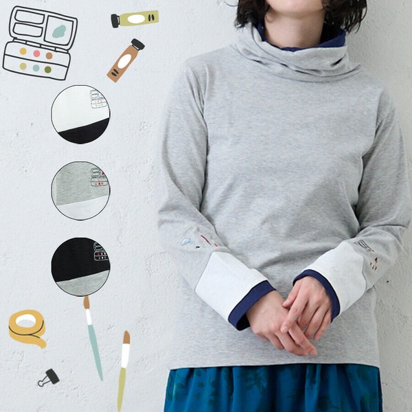 tシャツ EMAGO 画材刺繍袖切替えタートル レディース Emago tシャツ EMAGO 画材刺繍袖切替えタートル レディース