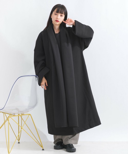 超人気新品 フェイクウールビックストール付ノーカラーロングコートの商品 ジャケット・アウター