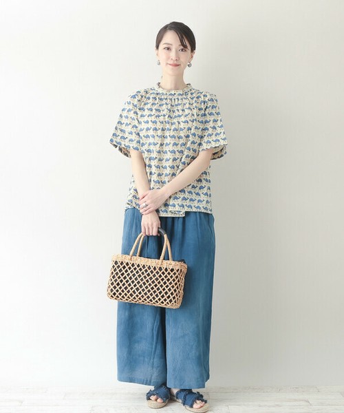 集まれRAKUDAさんブロックプリントギャザーブラウス 25S477の